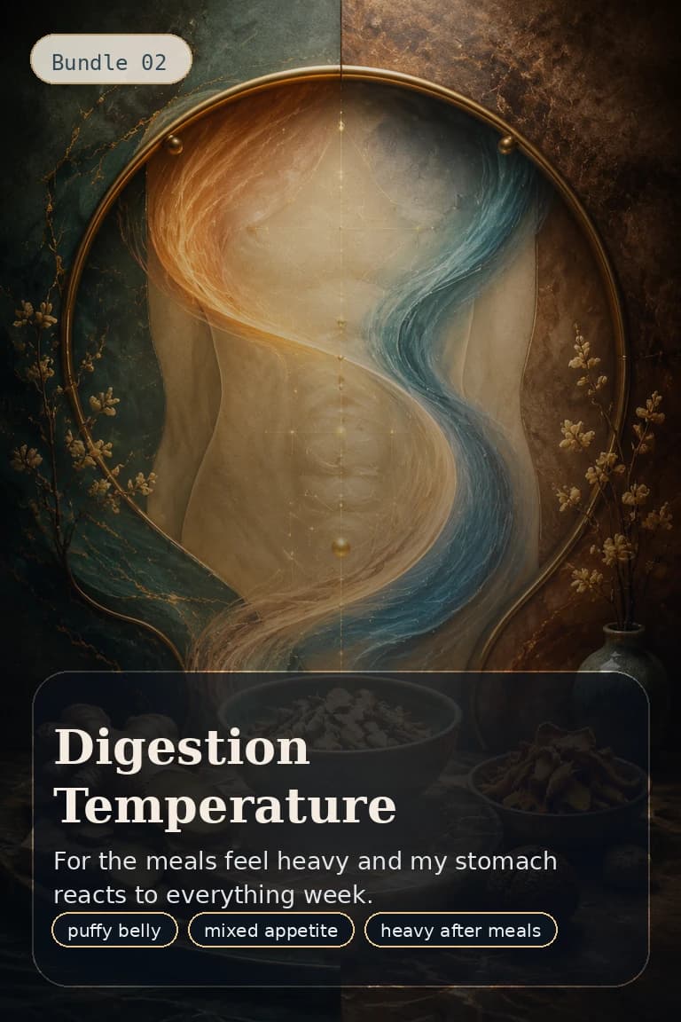 Digestion Temperature bundle artwork with ginger, herbal bowl, and warm-cool motion
