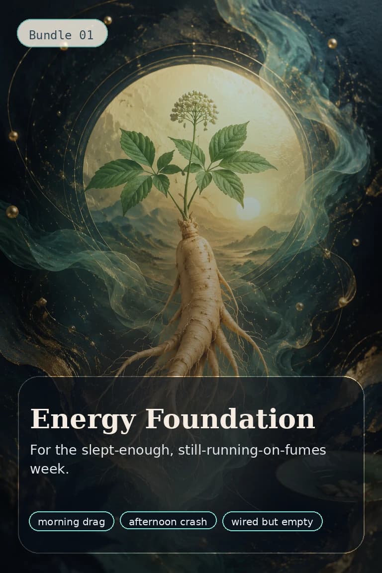 Energy Foundation bundle artwork with ginseng, sunrise, and flowing qi light