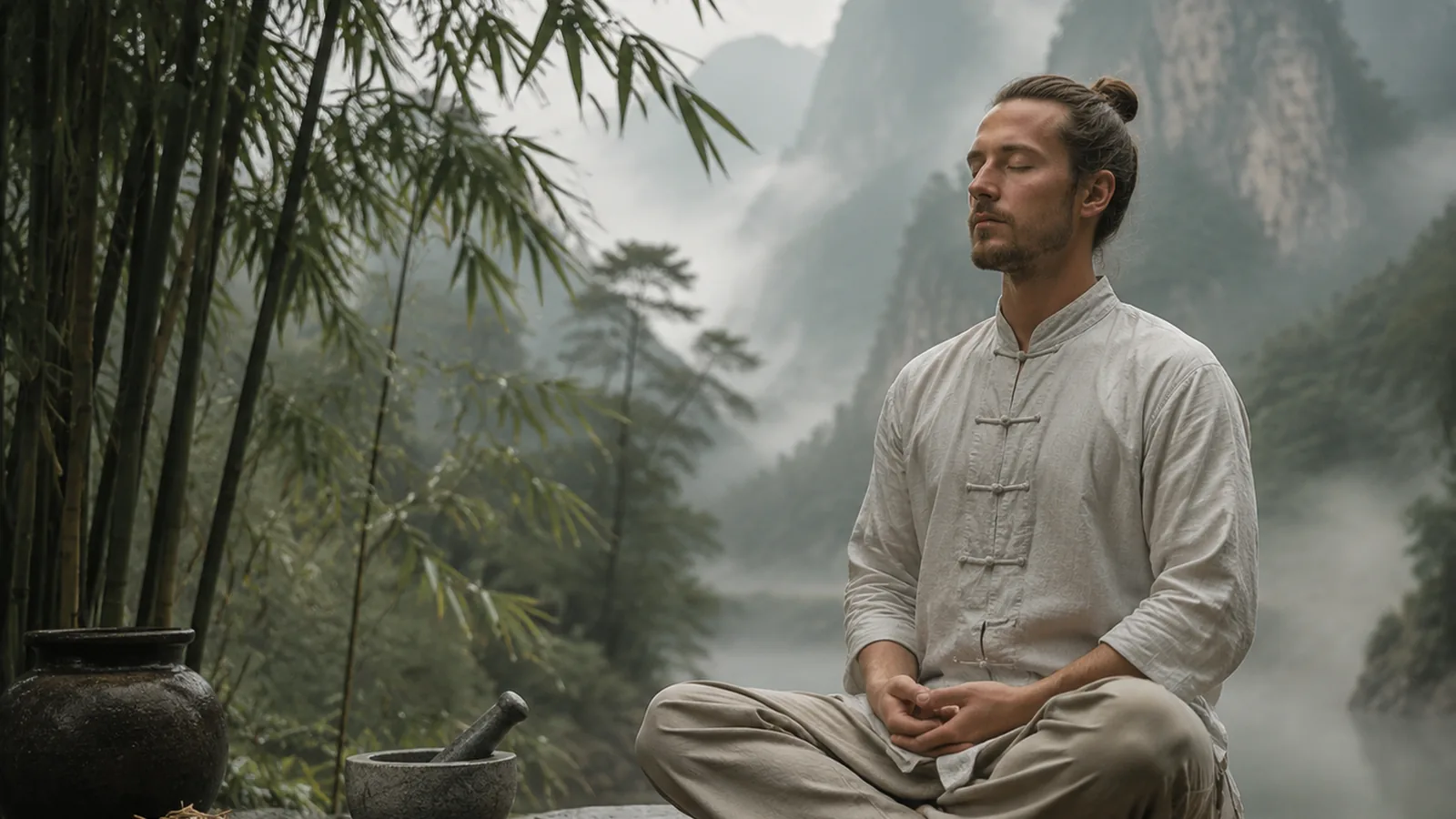 Deutsche Szene einer stillen daoistischen Sitzmeditation
