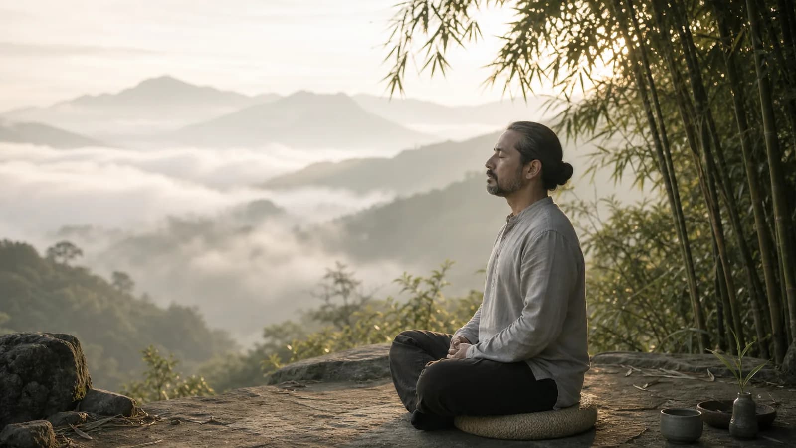 Escena hispanohablante de meditacion sentada inspirada en practica daoista