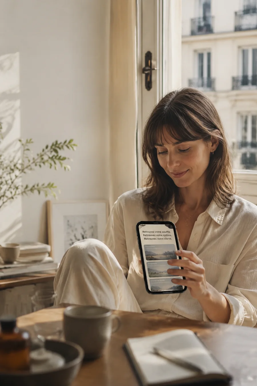 Scene de telechargement francophone avec personne et interface CureQi integrees naturellement